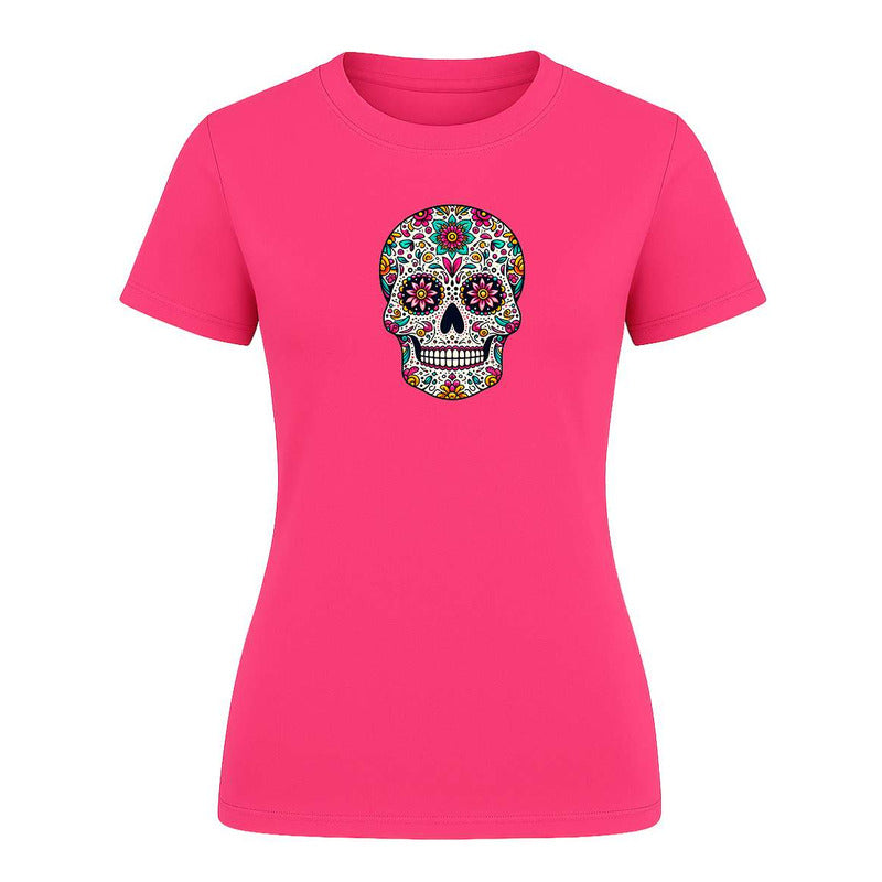 Playera KreaLab con diseño de calavera mexicana y mandala de dama, ideal para Día de Muertos, en colores vibrantes y detallados