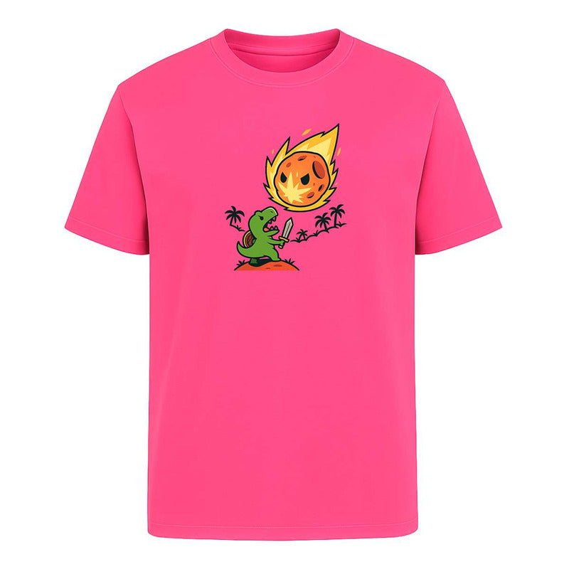 Playera unisex de dinosaurio contra asteroide de KreaLab, diseño divertido y cómodo para uso casual.