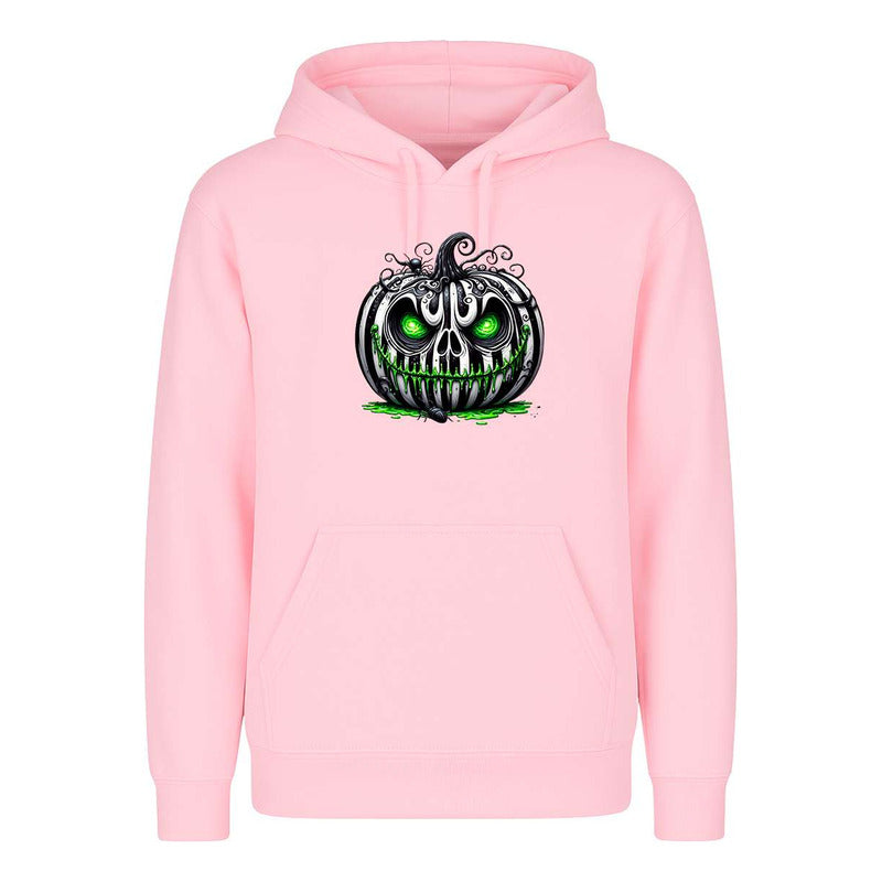 Sudadera unisex KreaLab con calabaza de terror y ojos verdes para Halloween, diseño nuevo en la imagen.