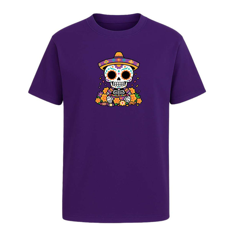 Playera unisex KreaLab con diseño de calavera y sombrero para Día de Muertos, estilo Catrín, en color negro y detalles coloridos.