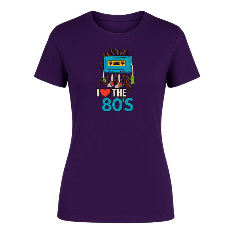 Playera KreaLab I Love The 80s Cassette femenina, diseño retro de nostalgia musical, de manga corta y estilo vintage.