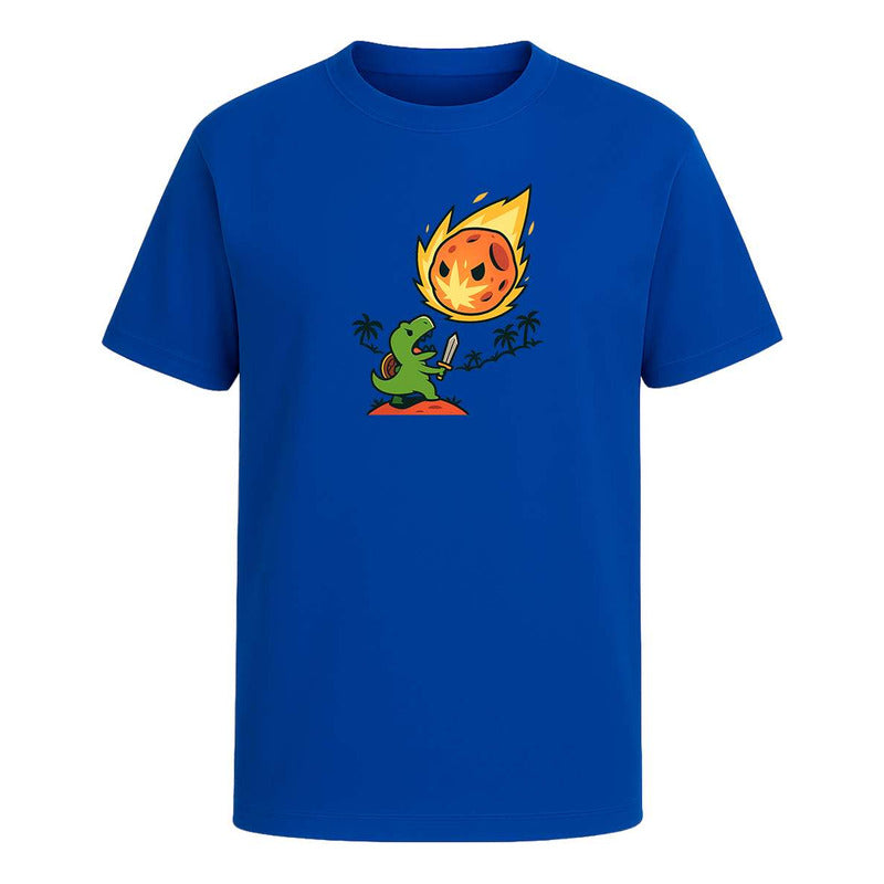 Playera unisex de KreaLab con diseño divertido de dinosaurio y asteroide, perfecta para bromas y uso casual.