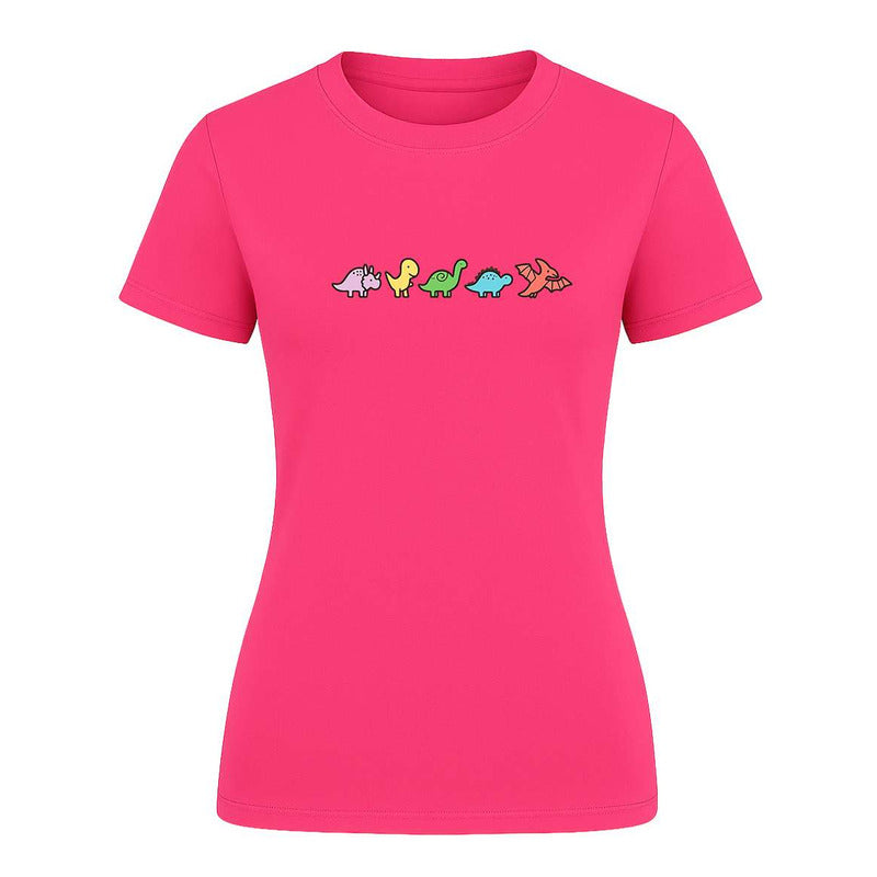 Playera de mujer KreaLab con diseño de dinosaurios kawaii y estilo minimalista, ropa moderna y divertida para damas.