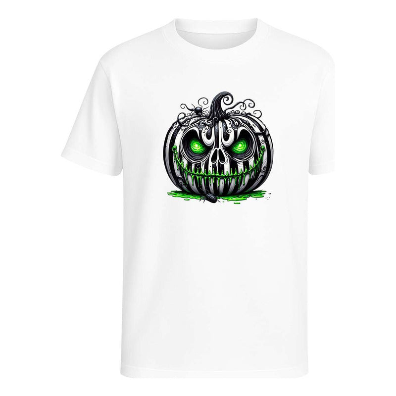 Playera unisex de KreaLab con diseño de calabaza terror con ojos verdes para Halloween y fiestas, vista frontal en color negro.