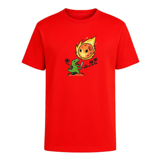 Playera unisex de Dinosaurio contra Asteroide de KreaLab, divertida y de estilo casual, con diseño colorido y llamativo.