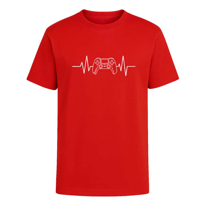 Playera infantil de videojuego con control y corazón gamer de la marca KreaLab, vista frontal en color brillante.
