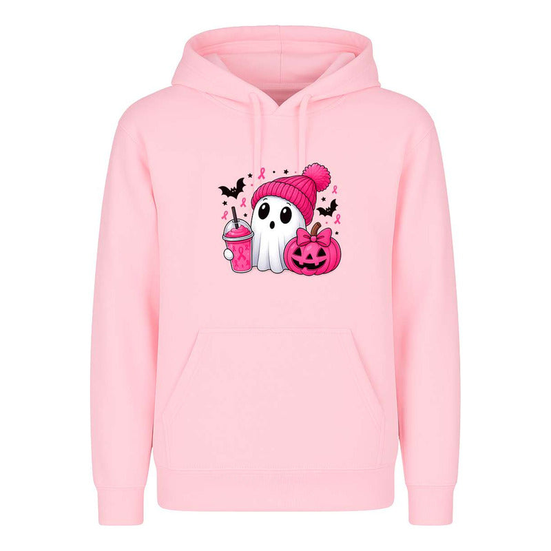 Sudadera fantasma rosa de KreaLab para Halloween, con diseño colorido y detalles suaves, ideal para apoyar contra el cáncer de mama.