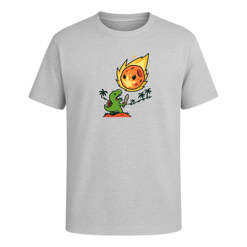 Playera unisex de dinosaurio contra asteroide de KreaLab, diseño divertido y nuevo, con ilustración de dinosaurio en acción.