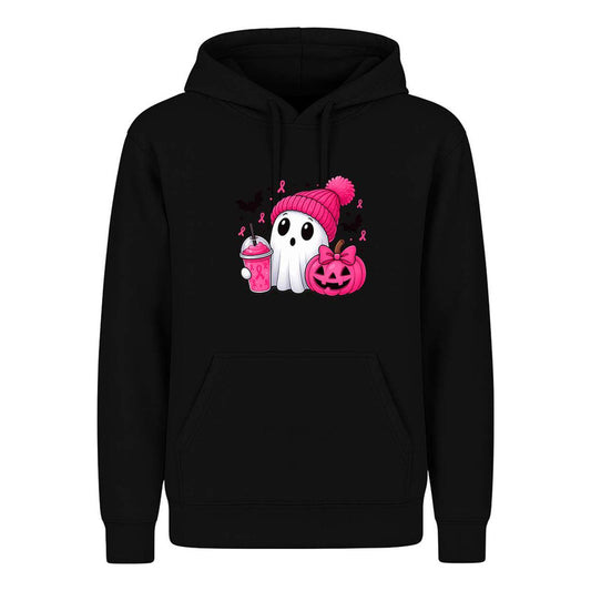 Sudadera Fantasma Rosa de KreaLab para Halloween, ideal para apoyar la lucha contra el cáncer de mama, en color rosa brillante.