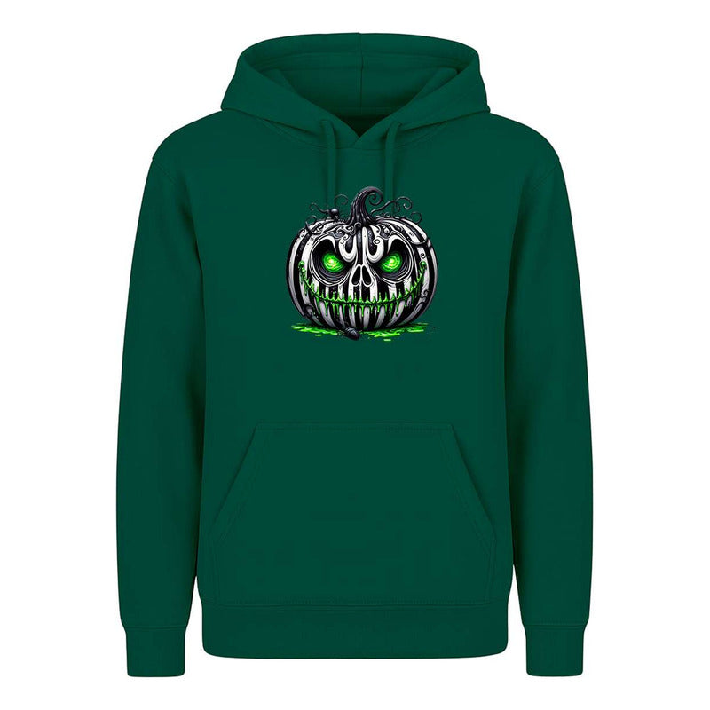 Sudadera KreaLab de terror con calabaza y ojos verdes, diseño unisex para Halloween, vista frontal en color oscuro.