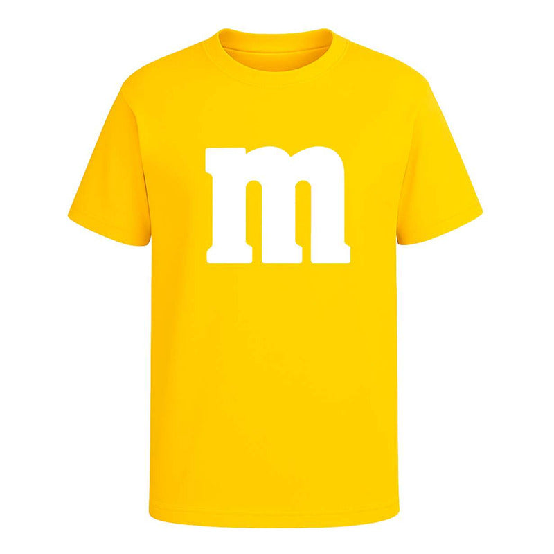 Playera infantil y juvenil de M&M de KreaLab, disfraz divertido y colorido para niños y adolescentes, vista desde el frente.