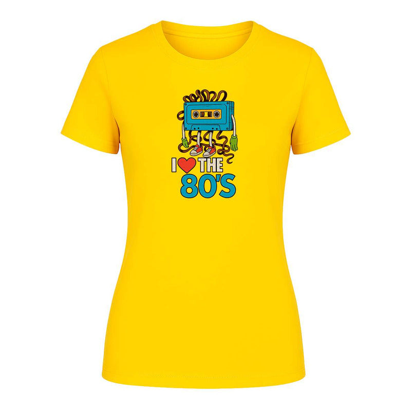 Playera de mujer KreaLab I Love The 80s con diseño de casete retro y estilo nostálgico, vista frontal sobre fondo neutro.