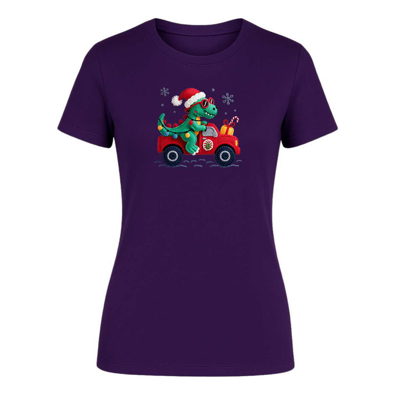 Playera "Dinosaurio Navideño" Efecto Bordado - Dama