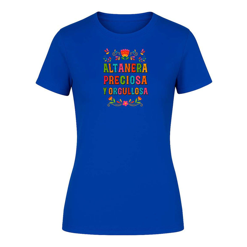 Playera de dama KreaLab con frase mexicana preciosa y orgullosa, diseño elegante y moderno en color llamativo.
