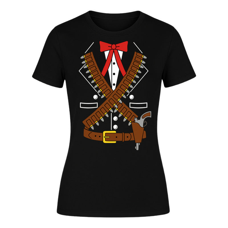 Playera disfraz revolucionario mexicano para dama de la marca KreaLab, con diseño de cartuchera y estilo tradicional.