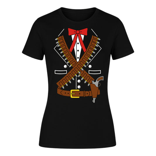 Playera disfraz revolucionario mexicano para dama de la marca KreaLab, con diseño de cartuchera y estilo tradicional.