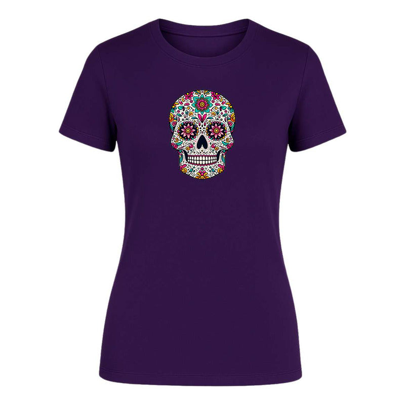 Playera KreaLab con diseño de calavera mexicana y mandala de dama para el Día de Muertos, tela de algodón color vibrante
