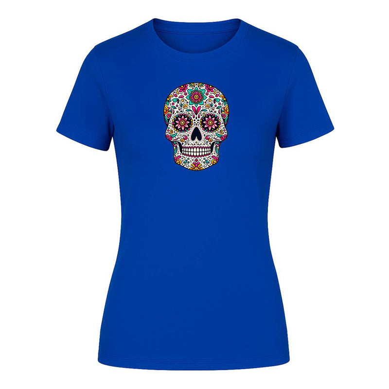 Playera KreaLab con diseño de calavera mexicana y mandala de dama, ideal para Día de Muertos, de estilo moderno y colorido.
