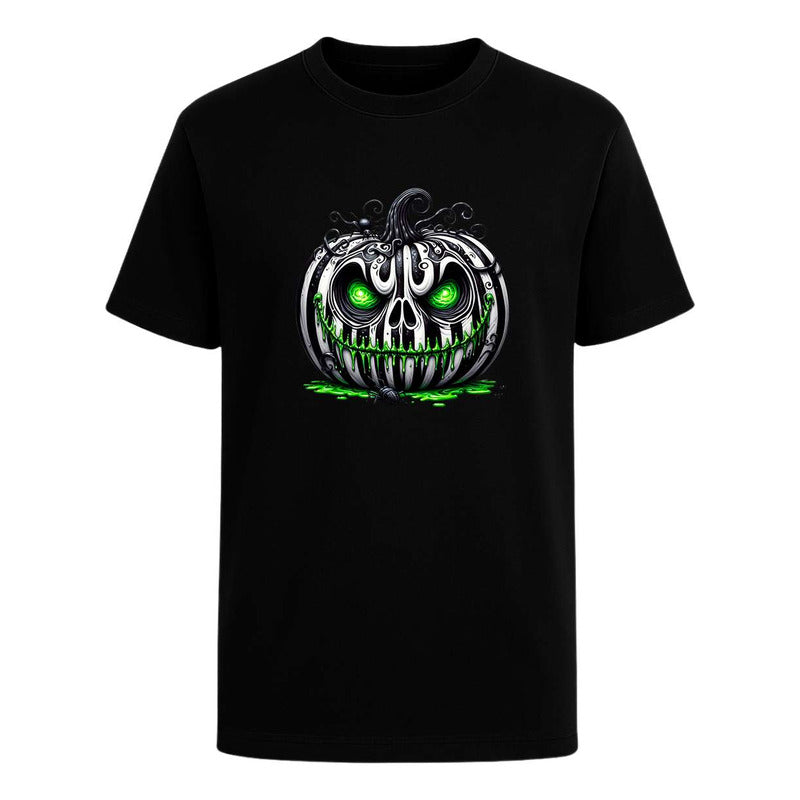 Playera de calabaza terror unisex con ojos verdes de KreaLab, ideal para Halloween y fiestas temáticas.