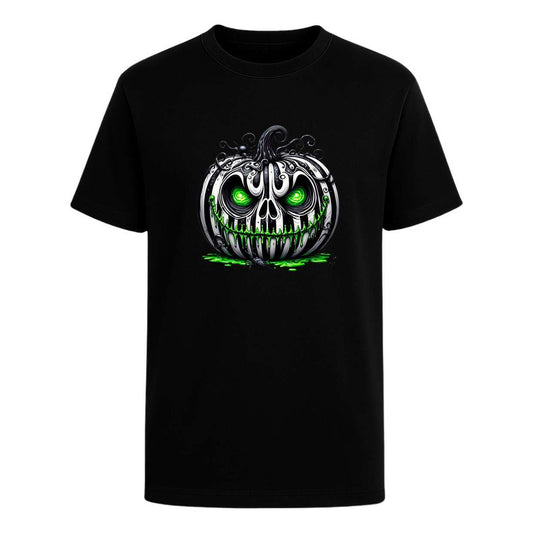 Playera de calabaza terror unisex con ojos verdes de KreaLab, ideal para Halloween y fiestas temáticas.