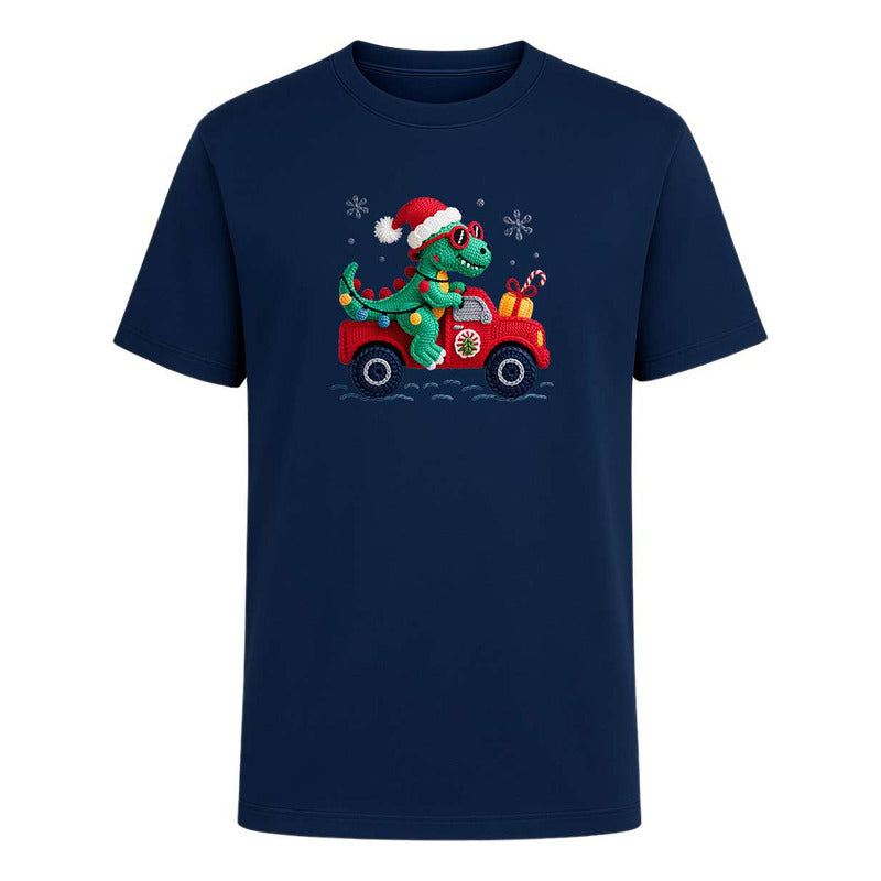 Playera Dinosaurio Navideño Efecto Bordado Regalo Unisex