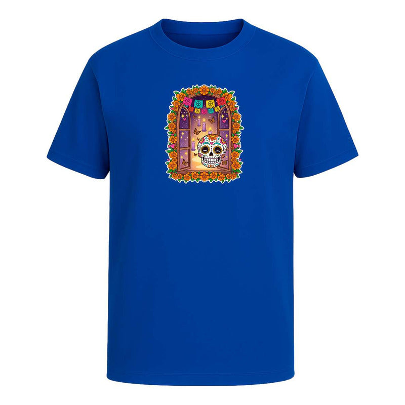 Playera infantil KreaLab con calavera y mariposas para Día de Muertos, diseño colorido y festivo para niños.