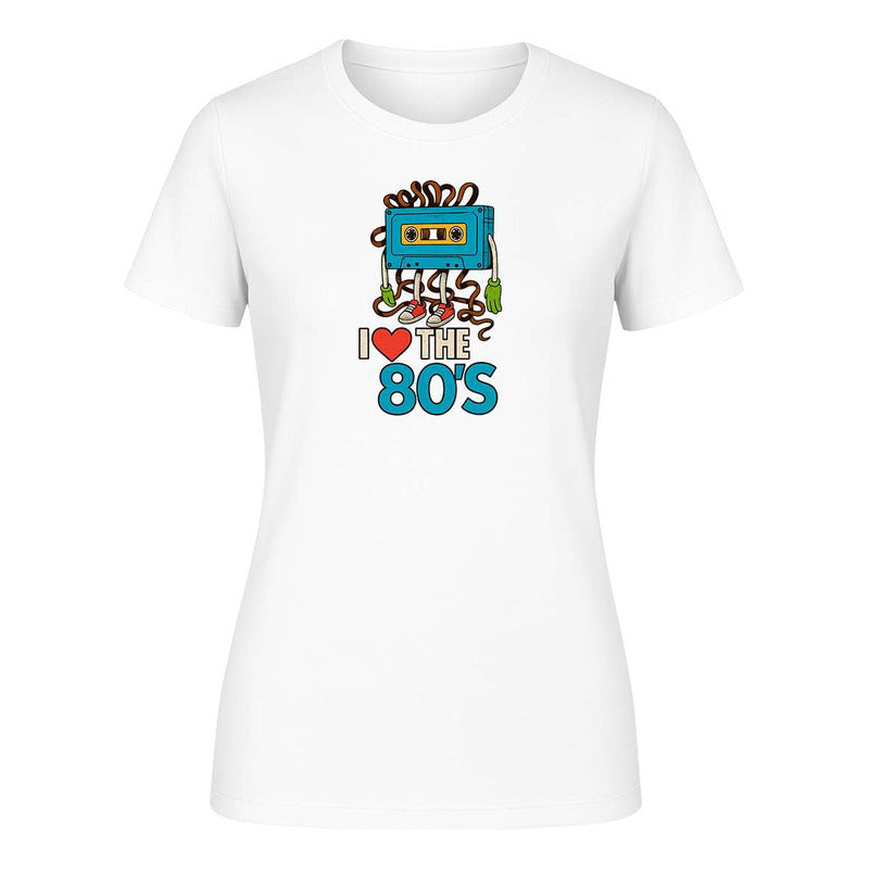 Playera KreaLab I Love The 80s con diseño de cassette retro para mujer, estilo nostálgico y moderno.
