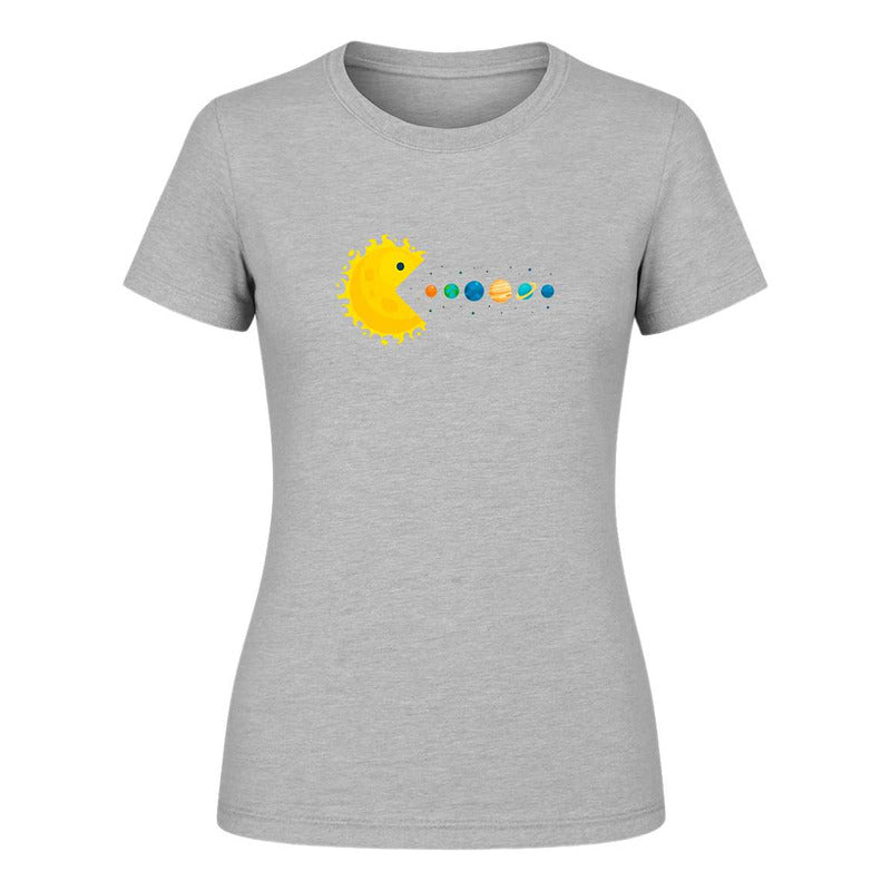Playera de dama KreaLab con diseño de Pacman y sistema solar, estilo meme de espacio, nueva y cómoda.