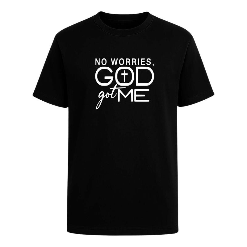 Playera cristiana KreaLab No Worries God Got Me con oración infantil, camiseta de color con diseño y mensaje religioso.