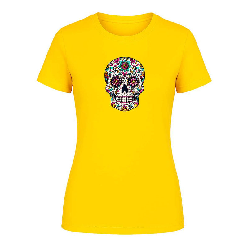 Playera KreaLab con diseño de calavera mexicana y mandala de dama, ideal para Día de Muertos, en color vibrante y estilo moderno.
