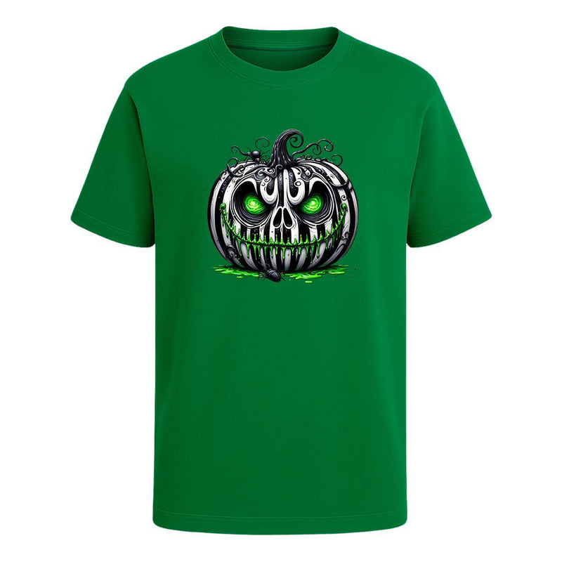Playera unisex KreaLab con calabaza de terror y ojos verdes para Halloween, perfecta para fiestas y disfraces.