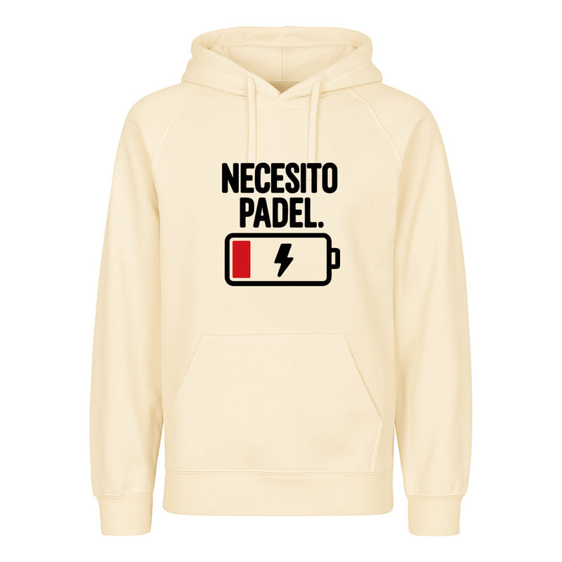 Sudadera unisex Necesito Pádel KreaLab con diseño divertido para fanáticos del pádel, color gris y ajuste cómodo.