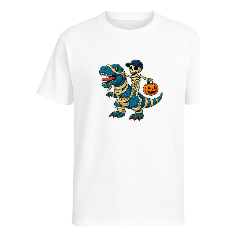 Playera Dinosaurio Momia Con Esqueleto Halloween Unisex