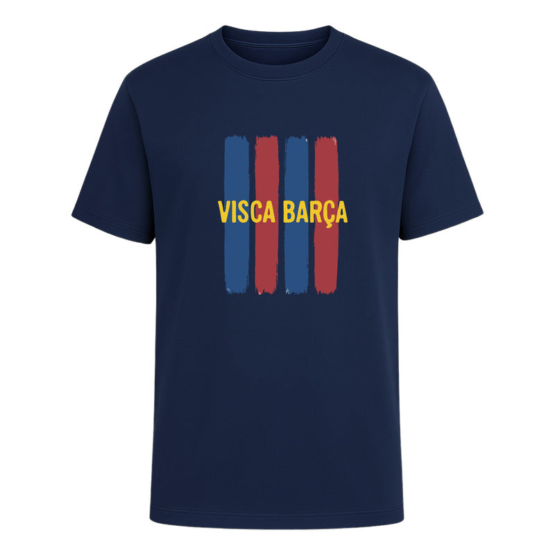 Playera unisex Visca Barça de fútbol, colores vibrantes, marca KreaLab, diseñada para fans del FC Barcelona, vista en la imagen.