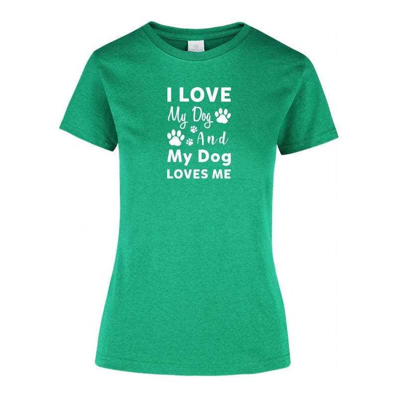 Playera KreaLab I Love My Dog para dama, camiseta blanca con texto "Amo a mi perro", ropa casual y moderna para mujeres.