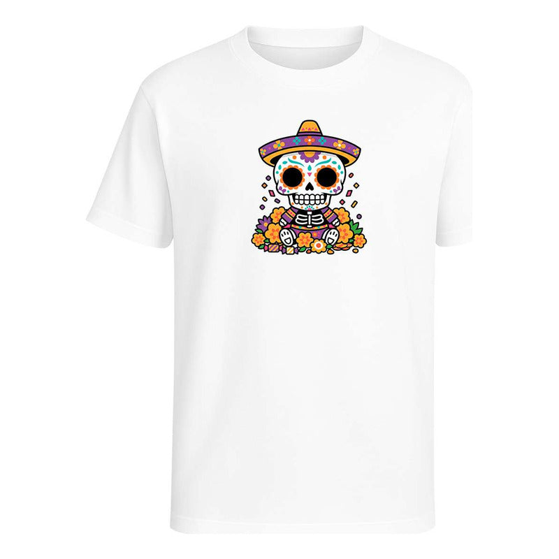 Playera unisex KreaLab con diseño de calavera y sombrero para Día de Muertos, estilo Catrín, en color vibrante.