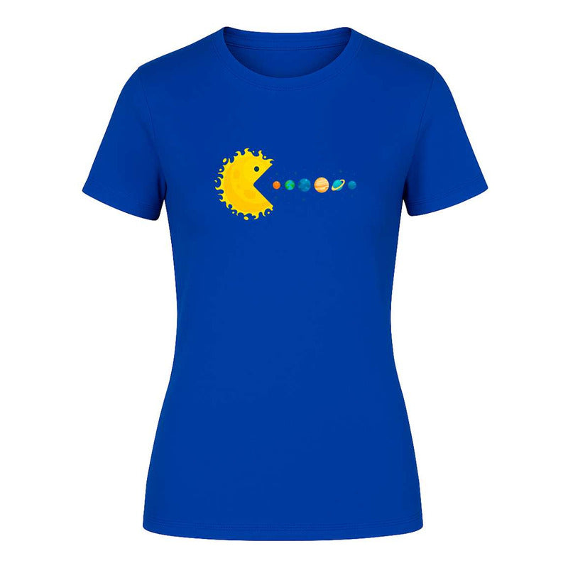 Playera de mujer KreaLab con diseño de Sol Pacman y sistema solar, estilo meme de espacio para dama, camiseta moderna y divertida
