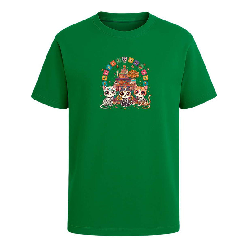 Playera Gatos Calavera En Ofrenda Día De Muertos Infantil