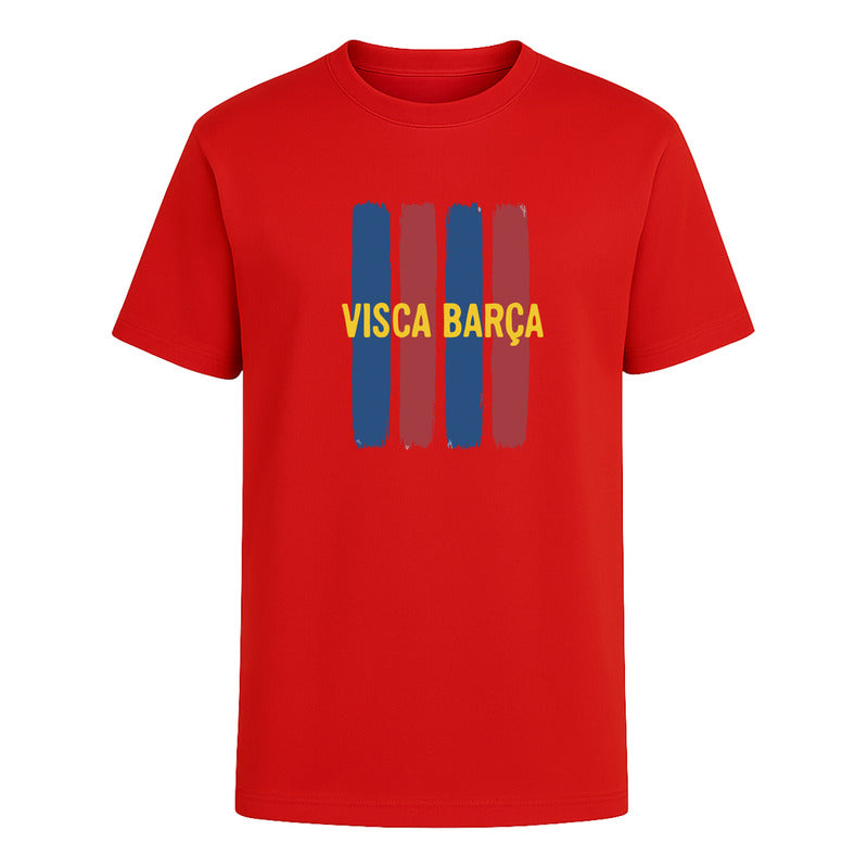 Playera unisex Visca Barça de fútbol de KreaLab en colores vibrantes, diseñada para fanáticos del Barcelona.