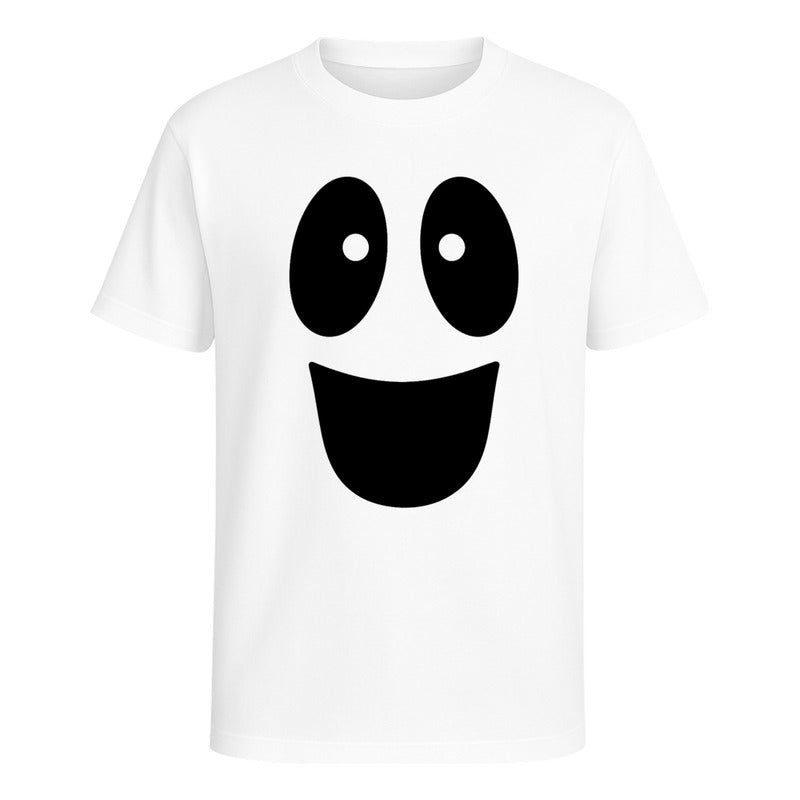 Playera infantil Fantasma con cara feliz de KreaLab, perfecta para Halloween, en color blanco con diseño divertido.