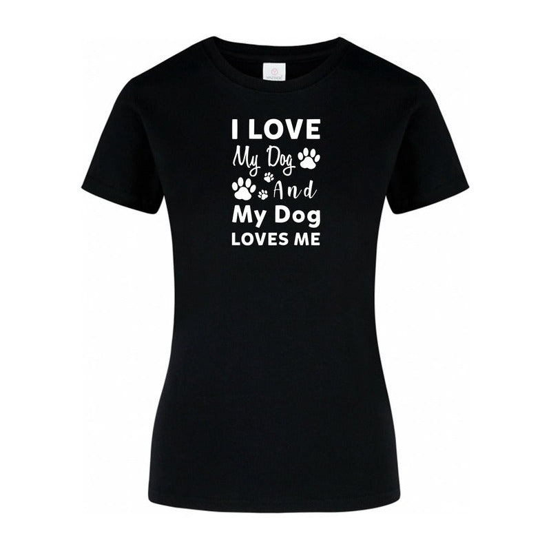 Playera KreaLab I Love My Dog para mujer, camiseta blanca con diseño de perro y texto en español, estilo casual y cómodo.