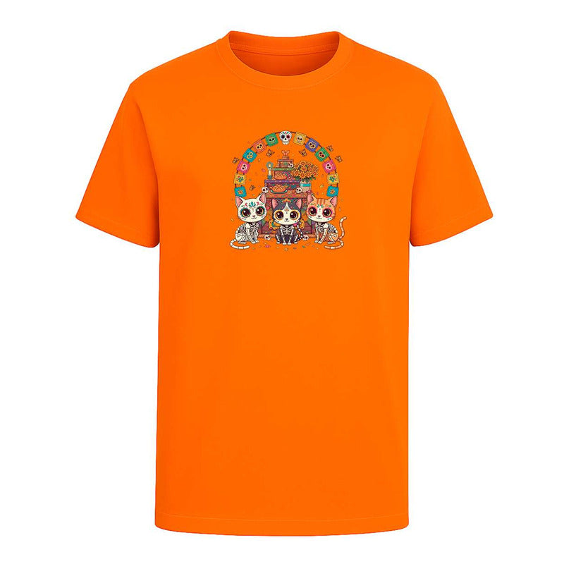 Playera Gatos Calavera En Ofrenda Día De Muertos Infantil
