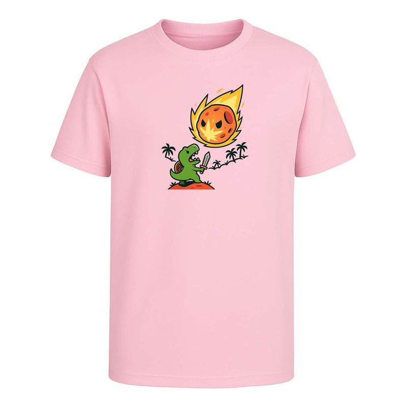 Playera divertida de dinosaurio contra asteroide de KreaLab, diseño unisex y de estilo casual en color llamativo.