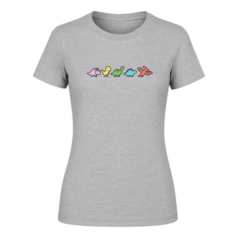 Playera de dama KreaLab con dinosaurios kawaii y diseño minimalista, ropa moderna y divertida para mujer.