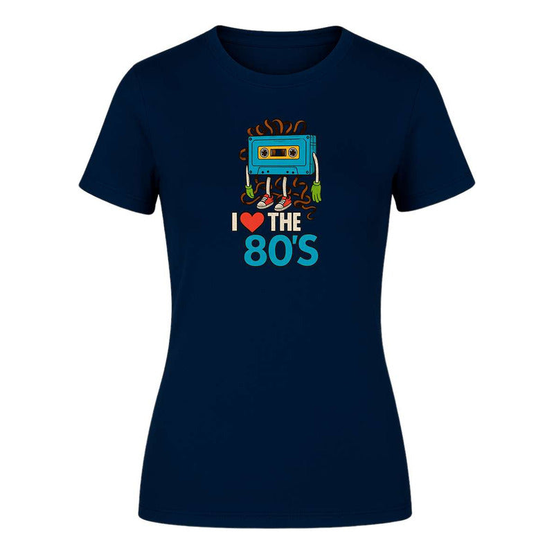 Playera KreaLab I Love The 80s Cassette para mujer, diseño retro y nostálgico con impresión de cassette en la camiseta.