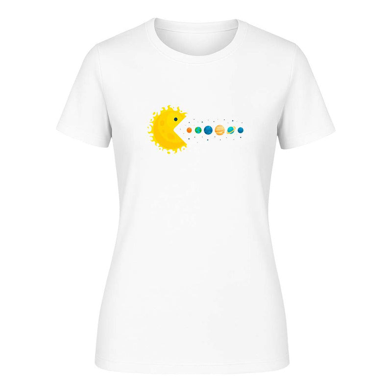 Playera de mujer KreaLab con diseño de Sol Pacman y sistema solar, estilo meme de espacio y galaxias, ropa moderna y cómoda