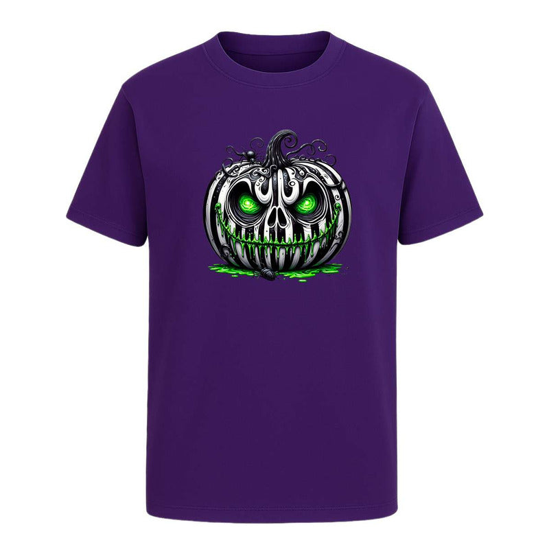 Playera unisex KreaLab de calabaza terror con ojos verdes para Halloween, ideal para fiestas y eventos temáticos.