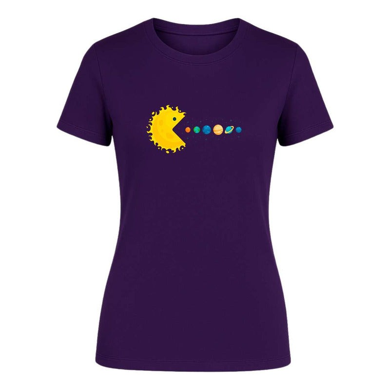 Playera de mujer KreaLab con diseño de Pacman y sistema solar, estilo meme y temática espacial para dama.