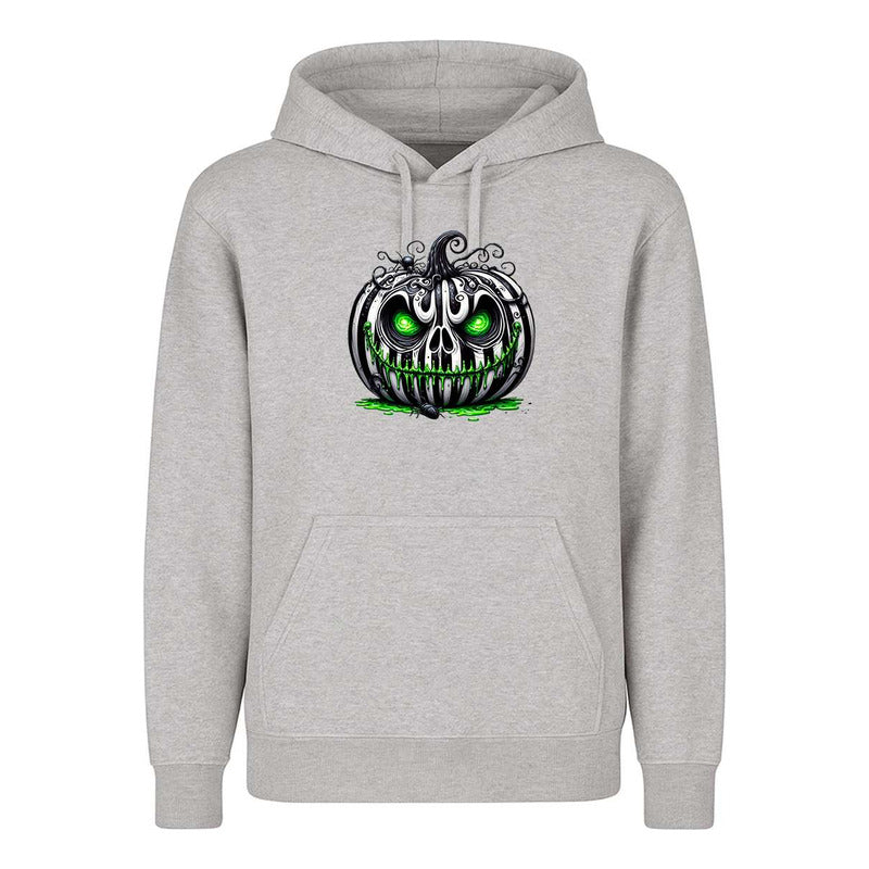 Sudadera unisex KreaLab con calabaza terror y ojos verdes, diseño para Halloween, estilo moderno y cómodo.