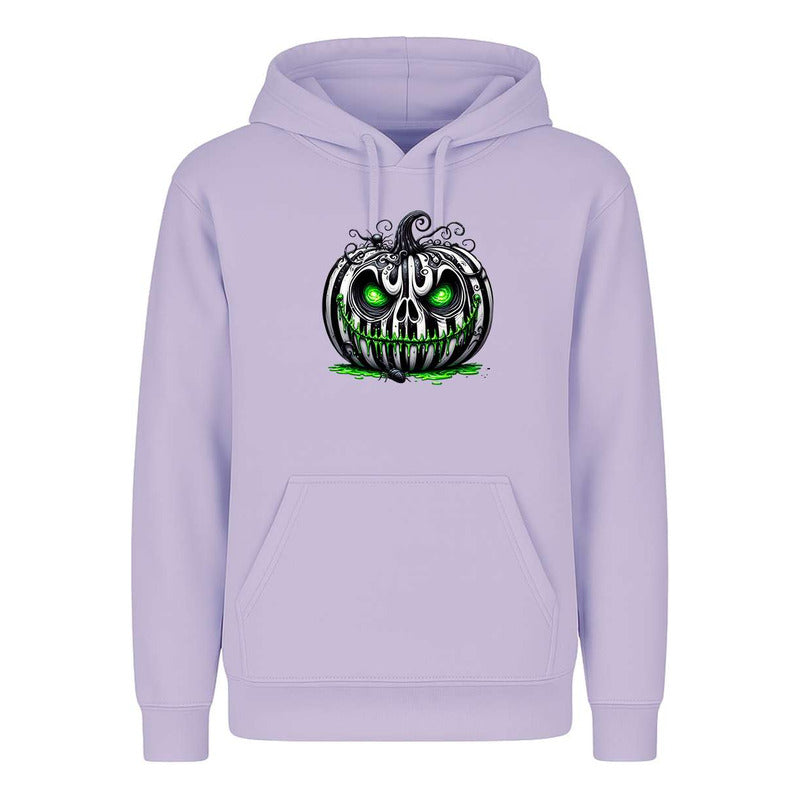 Sudadera unisex KreaLab de calabaza terror con ojos verdes, diseño para Halloween, en color naranja con detalles de terror.